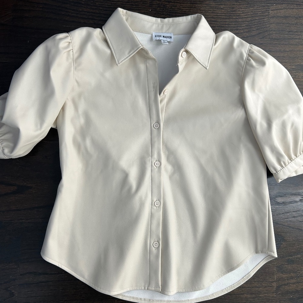 Steve Madden Faux Leather Puff Sleeve Top